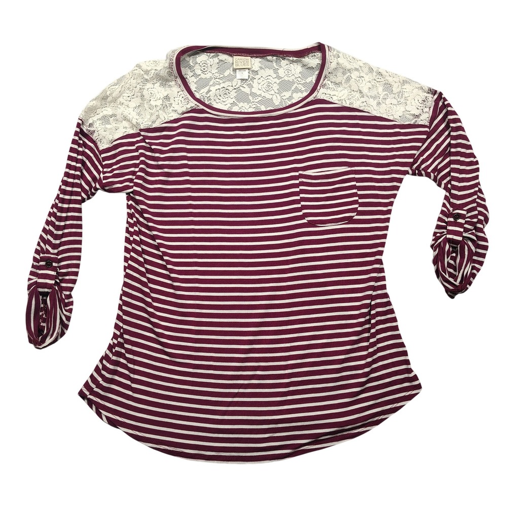 Canyon River Blues Rayon Top Womens L Lace Shoulder Striped Burgundy White 0946